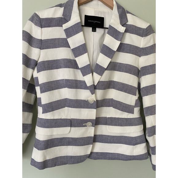 Banana Republic Women's Linen Blend Striped Blue White Nautical Blazer Jacket - Picture 2 of 10